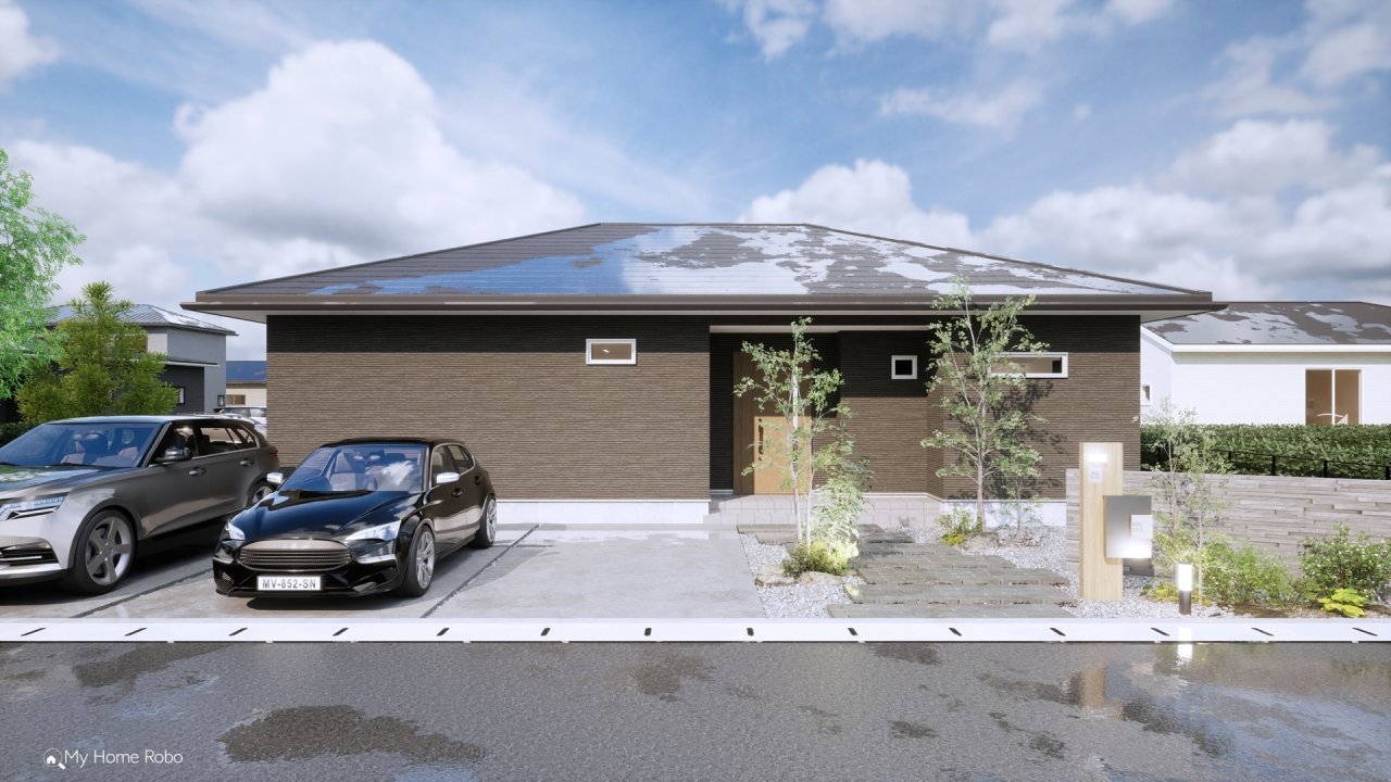 【北玄関】共有スペースとプライベートゾーンを分けた平屋プラン