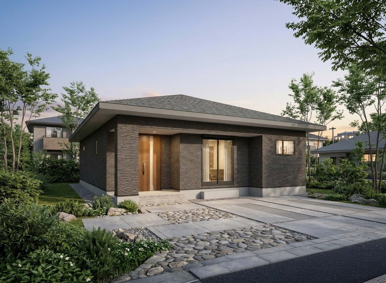 【南玄関】キッチンから廊下へ、回遊動線のある平屋の家。