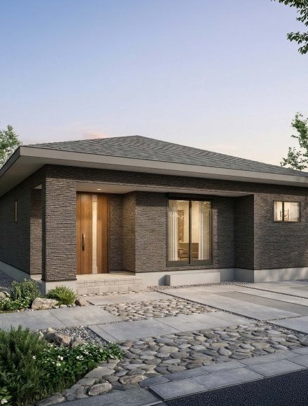 【南玄関】キッチンから廊下へ、回遊動線のある平屋の家。